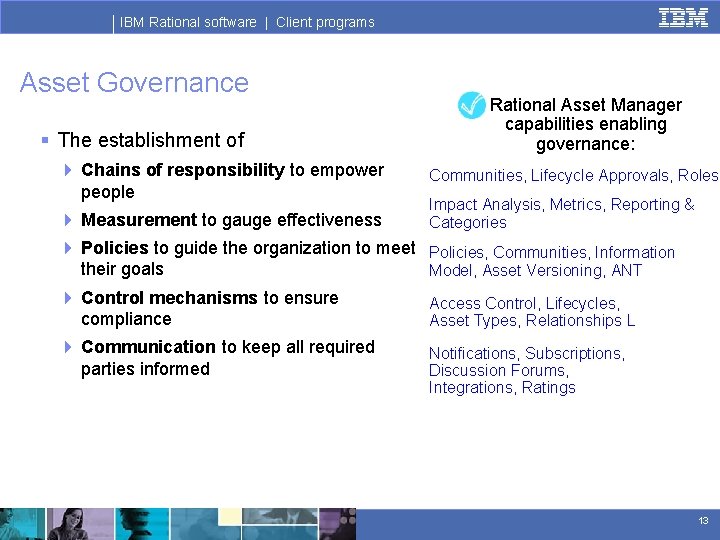 IBM Rational software | Client programs Asset Governance § The establishment of 4 Chains