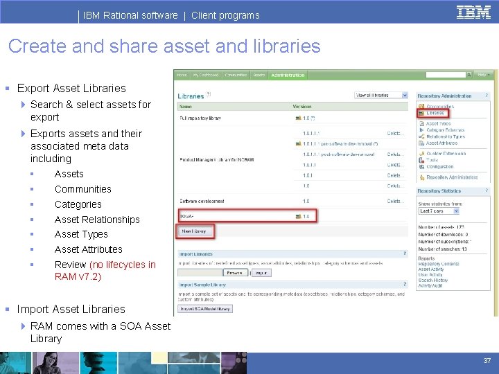 IBM Rational software | Client programs Create and share asset and libraries § Export