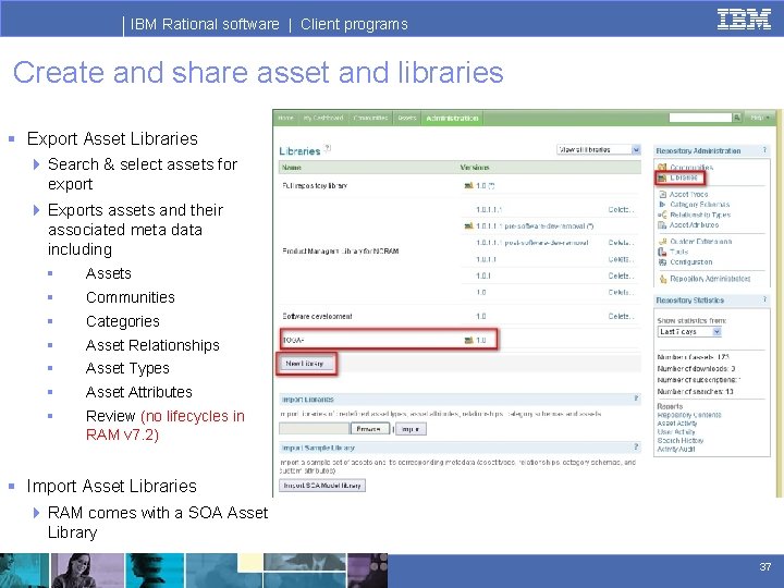 IBM Rational software | Client programs Create and share asset and libraries § Export