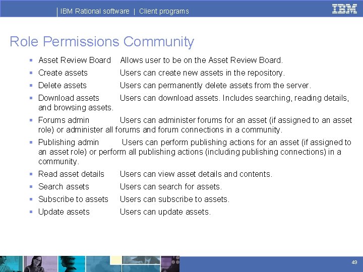 IBM Rational software | Client programs Role Permissions Community § Asset Review Board Allows