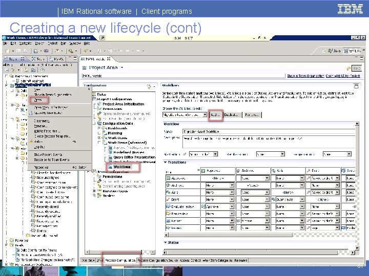 IBM Rational software | Client programs Creating a new lifecycle (cont) 61 