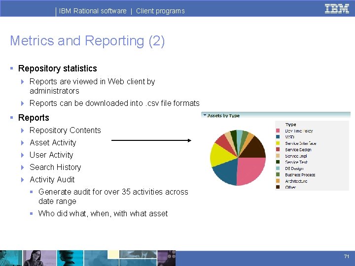 IBM Rational software | Client programs Metrics and Reporting (2) § Repository statistics 4