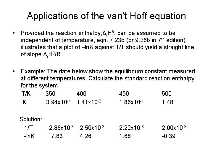 Applications of the van’t Hoff equation • Provided the reaction enthalpy, Δr. Hθ, can