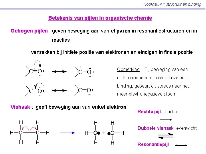 Hoofdstuk I: structuur en binding Betekenis van pijlen in organische chemie Gebogen pijlen :