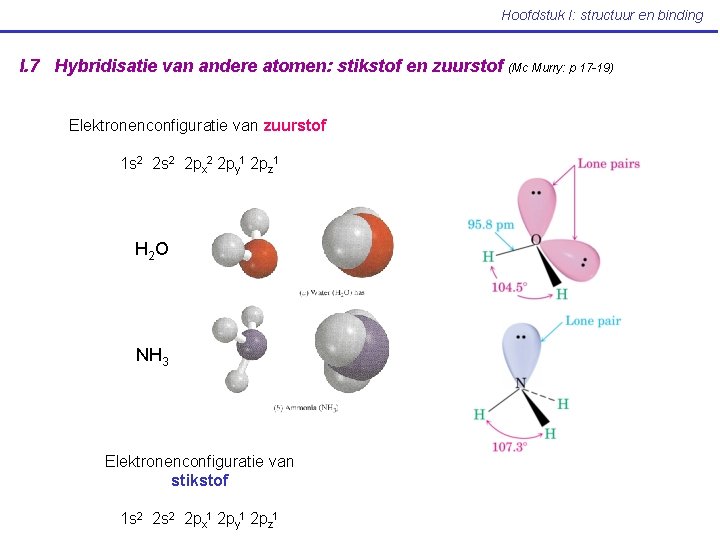 Hoofdstuk I: structuur en binding I. 7 Hybridisatie van andere atomen: stikstof en zuurstof
