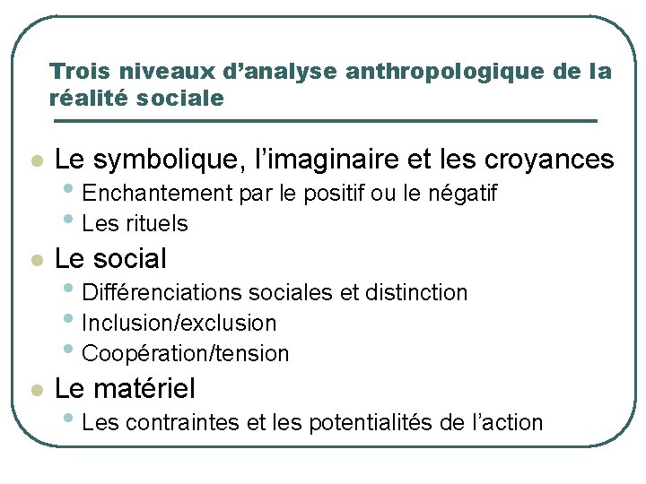 Trois niveaux d’analyse anthropologique de la réalité sociale l Le symbolique, l’imaginaire et les