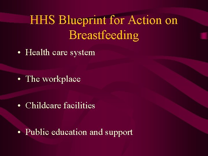 HHS Blueprint for Action on Breastfeeding • Health care system • The workplace •