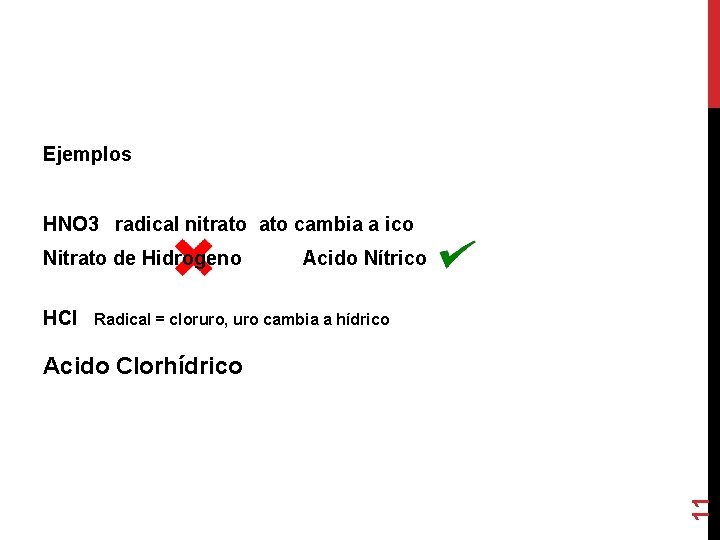 Ejemplos HNO 3 radical nitrato cambia a ico Nitrato de Hidrogeno Acido Nítrico HCl
