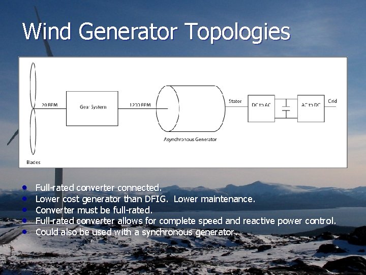 Wind Generator Topologies • • • Full-rated converter connected. Lower cost generator than DFIG.