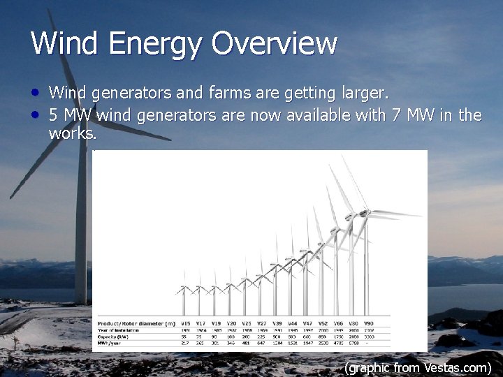 Wind Energy Overview • Wind generators and farms are getting larger. • 5 MW