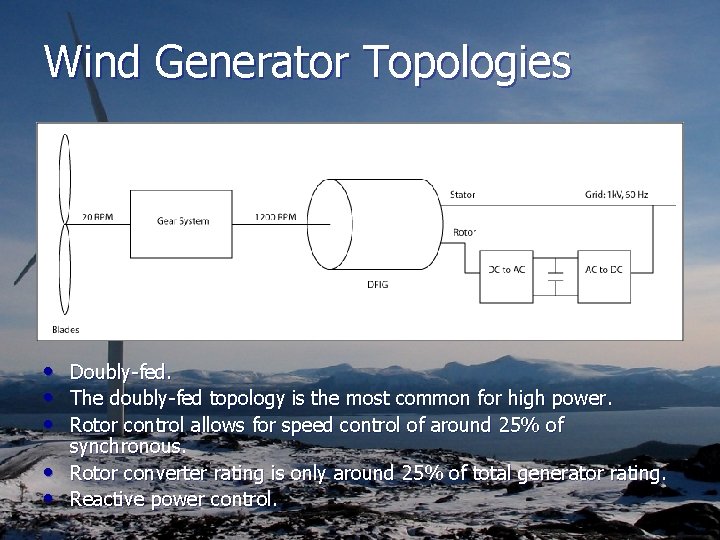 Wind Generator Topologies • • • Doubly-fed. The doubly-fed topology is the most common