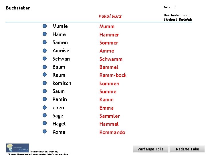 Übungsart: Buchstaben Titel: Quelle: Seite: Bearbeitet von: Siegbert Rudolph Vokal kurz Mumie Mumm Häme