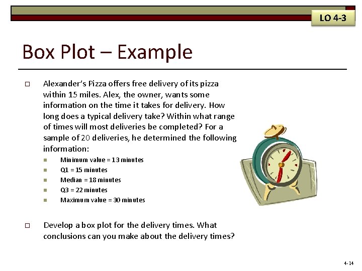 LO 4 -3 Box Plot – Example o Alexander’s Pizza offers free delivery of