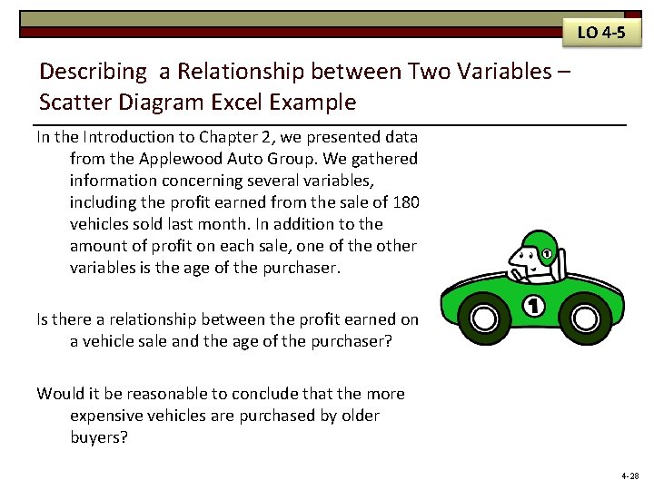 LO 4 -5 Describing a Relationship between Two Variables – Scatter Diagram Excel Example