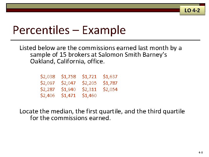 LO 4 -2 Percentiles – Example Listed below are the commissions earned last month