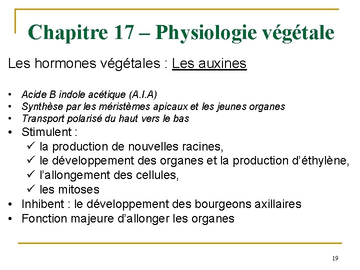 Chapitre 17 – Physiologie végétale Les hormones végétales : Les auxines • Acide B