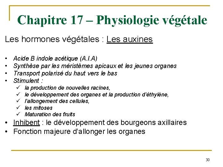 Chapitre 17 – Physiologie végétale Les hormones végétales : Les auxines • • Acide