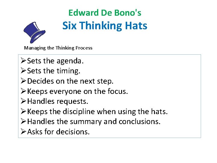 Edward De Bono's Six Thinking Hats Managing the Thinking Process ØSets the agenda. ØSets