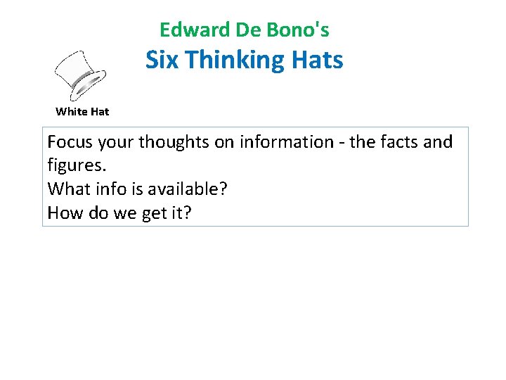 Edward De Bono's Six Thinking Hats White Hat Focus your thoughts on information -