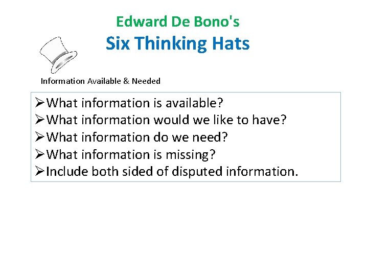 Edward De Bono's Six Thinking Hats Information Available & Needed ØWhat information is available?