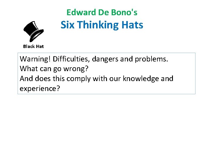 Edward De Bono's Six Thinking Hats Black Hat Warning! Difficulties, dangers and problems. What