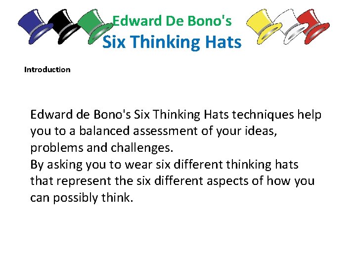 Edward De Bono's Six Thinking Hats Introduction Edward de Bono's Six Thinking Hats techniques