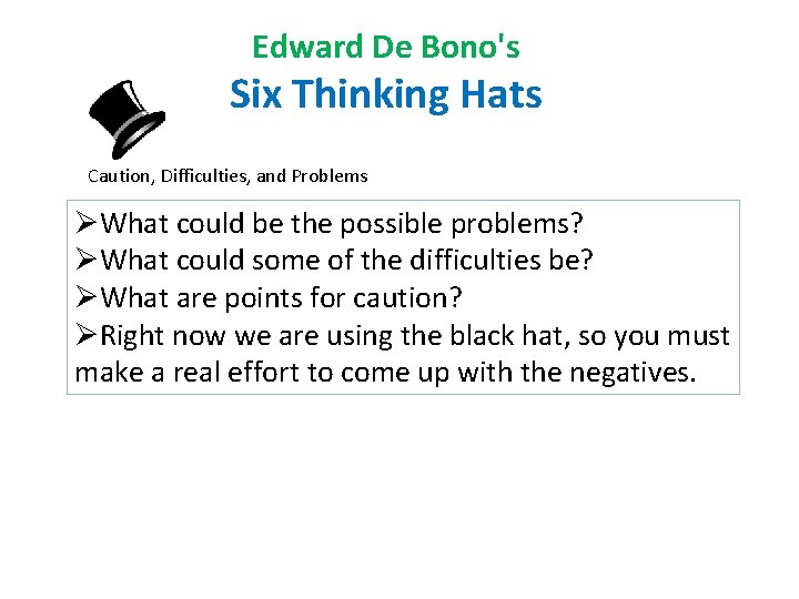 Edward De Bono's Six Thinking Hats Caution, Difficulties, and Problems ØWhat could be the