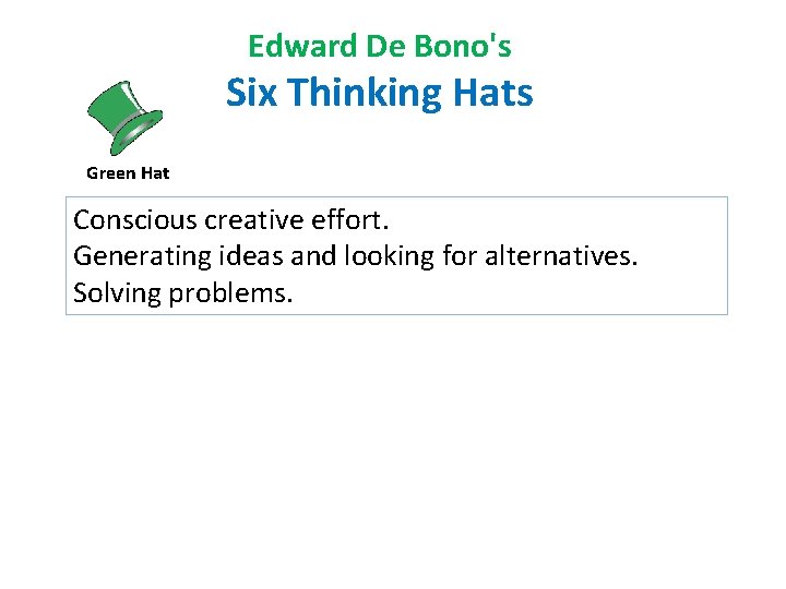 Edward De Bono's Six Thinking Hats Green Hat Conscious creative effort. Generating ideas and