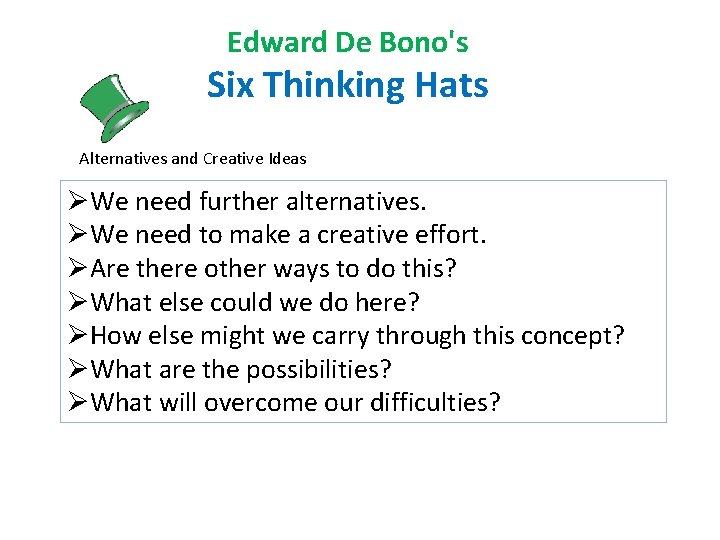 Edward De Bono's Six Thinking Hats Alternatives and Creative Ideas ØWe need further alternatives.