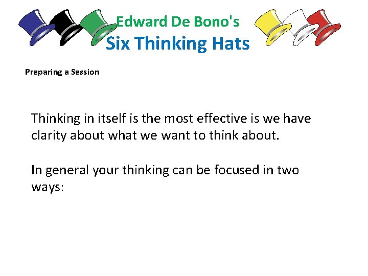 Edward De Bono's Six Thinking Hats Preparing a Session Thinking in itself is the