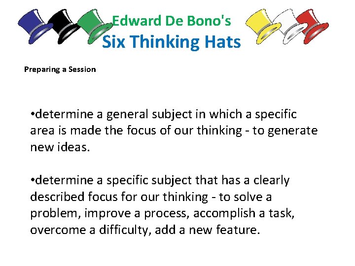 Edward De Bono's Six Thinking Hats Preparing a Session • determine a general subject