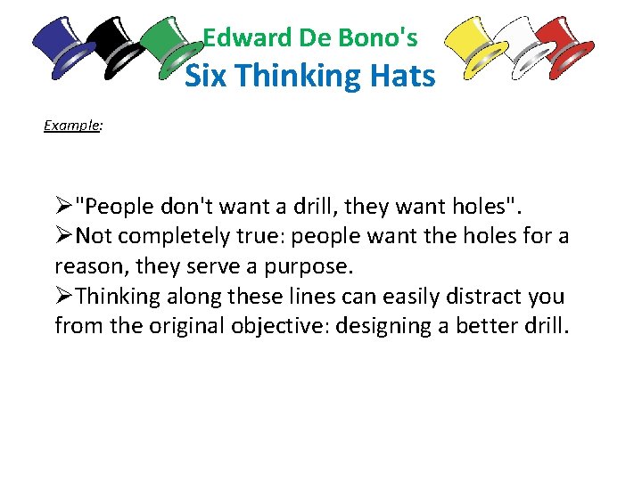 Edward De Bono's Six Thinking Hats Example: Ø"People don't want a drill, they want