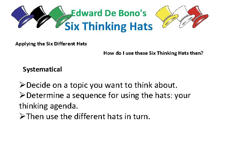 Edward De Bono's Six Thinking Hats Applying the Six Different Hats How do I