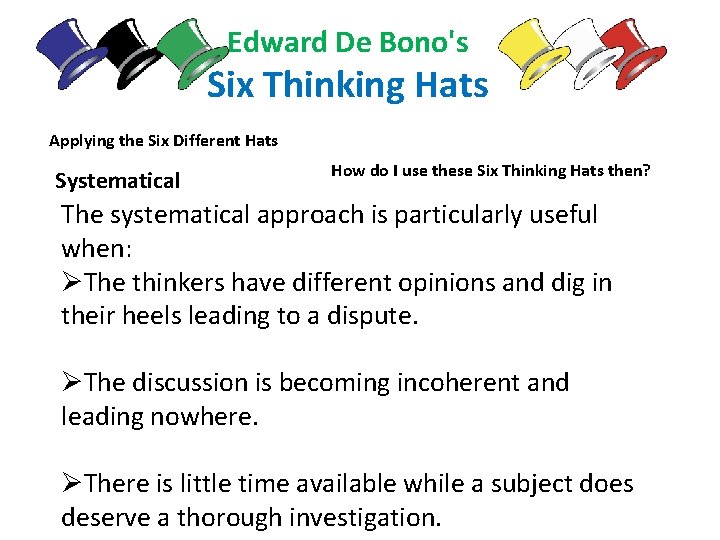 Edward De Bono's Six Thinking Hats Applying the Six Different Hats Systematical How do