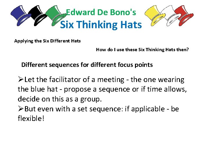 Edward De Bono's Six Thinking Hats Applying the Six Different Hats How do I
