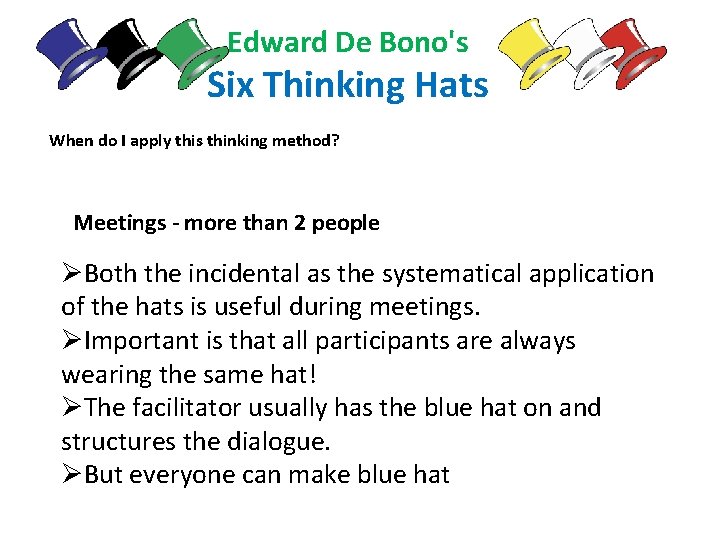Edward De Bono's Six Thinking Hats When do I apply this thinking method? Meetings