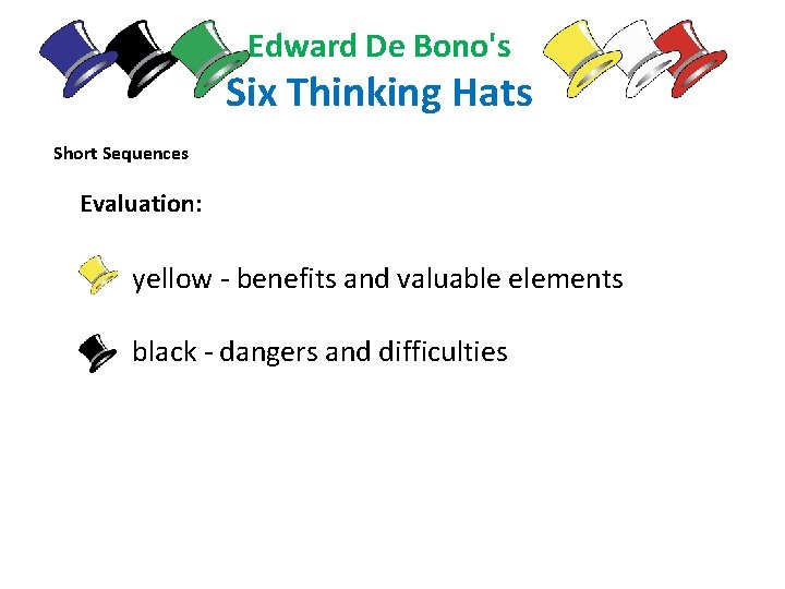 Edward De Bono's Six Thinking Hats Short Sequences Evaluation: yellow - benefits and valuable