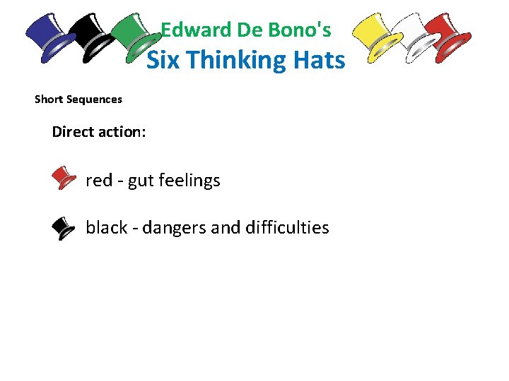 Edward De Bono's Six Thinking Hats Short Sequences Direct action: red - gut feelings