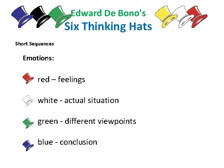 Edward De Bono's Six Thinking Hats Short Sequences Emotions: red – feelings white -