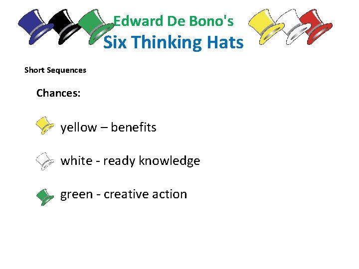 Edward De Bono's Six Thinking Hats Short Sequences Chances: yellow – benefits white -