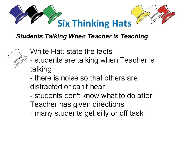 Six Thinking Hats Students Talking When Teacher is Teaching: White Hat: state the facts
