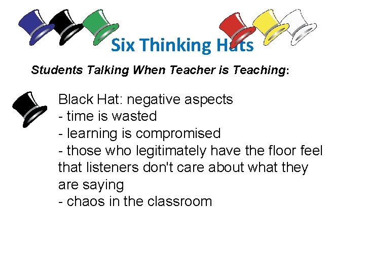 Six Thinking Hats Students Talking When Teacher is Teaching: Black Hat: negative aspects -