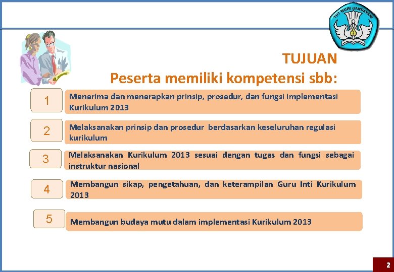 TUJUAN Peserta memiliki kompetensi sbb: 1 Menerima dan menerapkan prinsip, prosedur, dan fungsi implementasi