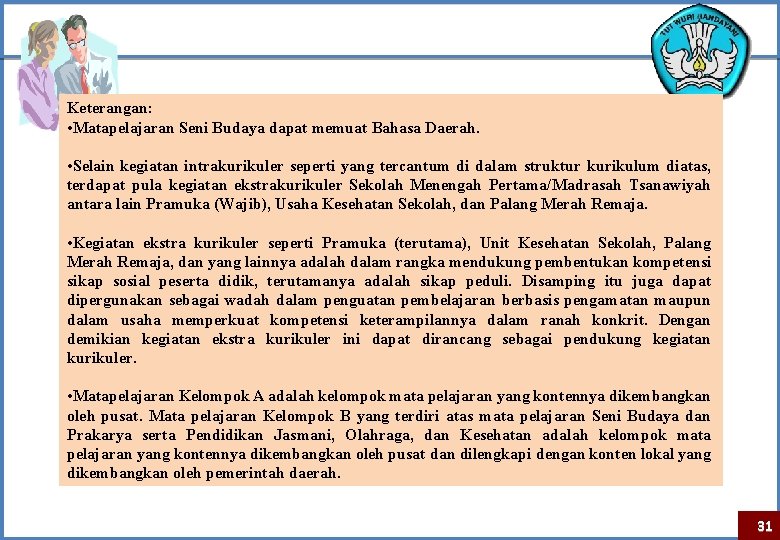 Keterangan: • Matapelajaran Seni Budaya dapat memuat Bahasa Daerah. • Selain kegiatan intrakurikuler seperti