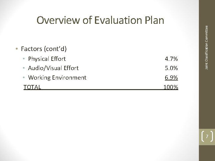  • Factors (cont’d) • Physical Effort • Audio/Visual Effort • Working Environment TOTAL