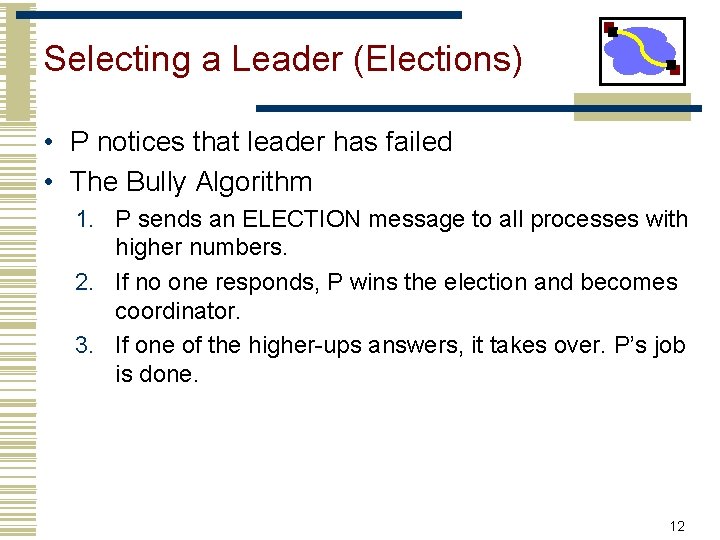 Selecting a Leader (Elections) • P notices that leader has failed • The Bully