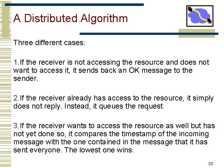 A Distributed Algorithm Three different cases: 1. If the receiver is not accessing the