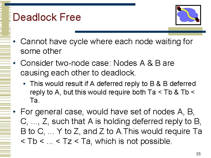 Deadlock Free • Cannot have cycle where each node waiting for some other •