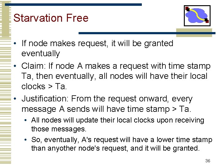 Starvation Free • If node makes request, it will be granted eventually • Claim:
