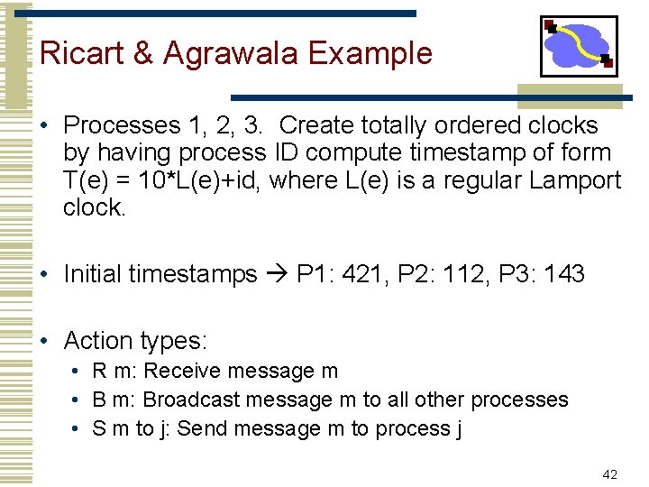 Ricart & Agrawala Example • Processes 1, 2, 3. Create totally ordered clocks by